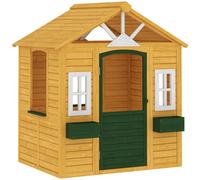AIYAPLAY Casita infantil de madera para exterior con puerta 3 ventanas 2 jardineras para niños de 3-8 años 134,5 x 97 x 150 cm Marrón