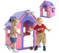 AIYAPLAY Casita Infantil Exterior e Interior 3 en 1, Casita Infantil de Jardín con Lanzamiento de Aros, Baloncesto, Casa de Juegos para Niños de 2-5 Años, Rosa y Morado