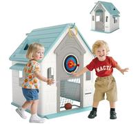 AIYAPLAY Casita Infantil Exterior e Interior 5 en 1, Casita Infantil de Jardín con Lanzamiento de Aros, Baloncesto, Fútbol, Dardos, Casa de Juegos para Niños de 2-5 Años, Beige