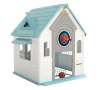 AIYAPLAY Casita Infantil Exterior e Interior 5 en 1, Casita Infantil de Jardín con Lanzamiento de Aros, Baloncesto, Fútbol, Dardos, Casa de Juegos para Niños de 2-5 Años, Beige