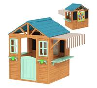 AIYAPLAY Casita Infantil Exterior e Interior de Madera, Casita Infantil con Barra de Snack, Maceteros, Pizarra, Ventanas, Tela para Tiro y 4 Pelotas, Casa de Jardín para Niños de 3-6 Años, Multicolor