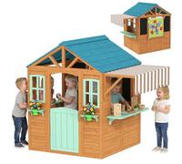 AIYAPLAY Casita Infantil Exterior e Interior de Madera, Casita Infantil con Barra de Snack, Maceteros, Pizarra, Ventanas, Tela para Tiro y 4 Pelotas, Casa de Jardín para Niños de 3-6 Años, Multicolor