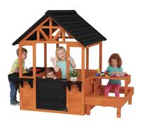 AIYAPLAY Casita Infantil Exterior e Interior de Madera, Casita Infantil con Barra de Snack, Mesa de Picnic y Bancos, Fregadero, Maceteros, Ventanas, Cocina Juguetes para Niños 3-8 Años, Marrón Claro