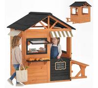 AIYAPLAY Casita Infantil Exterior e Interior de Madera, Casita Infantil con Cocina de Juguete y Banco de Picnic, Ventanas de Servicio, Media Puerta, Casa de Jardín para Niños de 3-8 Años, Marrón