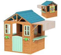 AIYAPLAY Casita Infantil Exterior e Interior de Madera con Barra de Snack Maceteros Pizarra Ventanas Tela para Tiro y 4 Pelotas