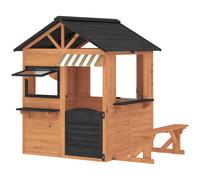 AIYAPLAY Casita Infantil Exterior e Interior de Madera con Cocina de Juguete y Banco de Picnic Ventanas de Servicio Marrón
