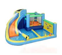 AIYAPLAY Castillo Hinchable Acuático 8 en 1 Soplador 550W Castillo Hinchable Niños con Tobogán Extralargo Seco/Mojado Zona de Salto Escalada Canasta Lanzamiento de Aros Exterior Interior 350x320x190cm