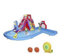 AIYAPLAY Castillo Hinchable Acuático con Soplador 550W 6 en 1 Castillo Hinchable para Niños con Tobogán Pared de Escalada Piscina Aro de Baloncesto Portería de Fútbol Exterior Interior 470x445x205 cm