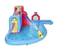 AIYAPLAY Castillo Hinchable Acuático con Soplador 550W 6 en 1 Castillo Hinchable para Niños con Tobogán Pared de Escalada Piscina Aro de Baloncesto Portería de Fútbol Exterior Interior 470x445x205 cm