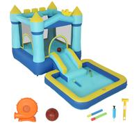 AIYAPLAY Castillo Hinchable con Soplador Tobogán Cama Elástica Piscina y Aro de Baloncesto para Niños 3-8 Años Azul Aosom España