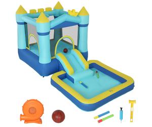 AIYAPLAY Castillo Hinchable con Soplador Tobogán Cama Elástica Piscina y Aro de Baloncesto para Niños 3-8 Años Azul Aosom España