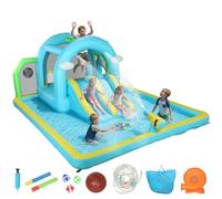 AIYAPLAY Castillo Hinchable Grande Acuático 7 en 1 con Soplador 450W Hinchable para Niños con Tobogán Seco/Agua, Trampolín, Piscina, Canasta, Columna de Boxeo Exterior/Interior 3-8 Años 426x360x198 cm