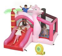 AIYAPLAY Castillo Hinchable para Niños con Soplador, Castillo Hinchable con Tobogán, Cama Elástica, Piscina de Pelotas, Canasta de Baloncesto, Diseño de Flamenco, Interior y Exterior, 255x230x196 cm