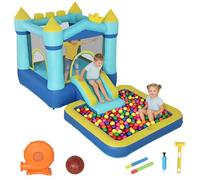 AIYAPLAY Castillo Hinchable para Niños con Soplador, Castillo Hinchable con Tobogán, Cama Elástica, Piscina y Aro de Baloncesto, para Niños 3-8 Años, Interior y Exterior, 364x173x182 cm, Azul