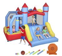AIYAPLAY Castillo Hinchable para Niños con Soplador Tobogán Trampolín Piscina Pilar de Boxeo y Aro de Baloncesto 277x270x215 cm Azul