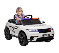 AIYAPLAY Coche Eléctrico para Niños de +3 Años Carro Eléctrico Infantil de Policía con Batería 12V 3-5km/h Mando a Distancia Faros Bocina Sirena Música y Rueda de Entrenamiento 112x66x50 cm Blanco