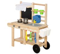 AIYAPLAY Cocina de barro infantil exterior, cocina de juguete de madera con grifo real, fregadero, hornillo, estante, depósito de agua, madera natural