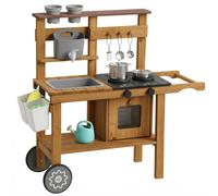 AIYAPLAY Cocina de barro infantil para exteriores de madera con grifo, fregadero, jardinera, ruedas, almacenamiento para 3-6 años Marrón