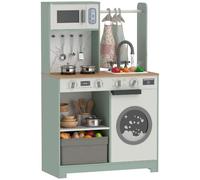 AIYAPLAY Cocina de Juguete de Madera Cocinita Infantil 3-6 Años Verde | Lavandería, Máquina de Hielo, Cajón de Tela, 5 Accesorios de Acero Inoxidable, Fregadero, Microondas, Mandos con Clic