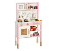 Aiyaplay cocina de juguete de madera con sonido, cocinita infantil con accesorios de acero inoxidable, microondas, horno, fregadero, verduras para cortar, para niños a partir de 3 años, rosa
