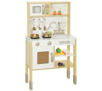 AIYAPLAY Cocina de Juguete de Madera con Sonido, Cocinita Infantil con Accesorios de Acero Inoxidable, Microondas, Horno, Fregadero, Verduras para Cortar, para Niños a Partir de 3 Años, Dorado
