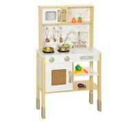 AIYAPLAY Cocina de Juguete de Madera con Sonido, Cocinita Infantil con Accesorios de Acero Inoxidable, Microondas, Horno, Fregadero, Verduras para Cortar, para Niños a Partir de 3 Años, Dorado