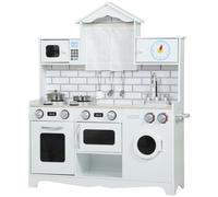 AIYAPLAY Cocina de Juguete de Madera con Sonido y Cortinas, Cocinita Infantil con Accesorios de Acero Inoxidable, Lavadora, Microondas, Fregadero, Juguetes para Niños a Partir de 3 Años, Blanco