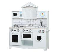 AIYAPLAY Cocina de Juguete de Madera con Sonido y Cortinas, Cocinita Infantil con Accesorios de Acero Inoxidable, Lavadora, Microondas, Fregadero, Juguetes para Niños a Partir de 3 Años, Blanco