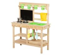 AIYAPLAY Cocina de Juguete Exterior, Cocinita Infantil de Madera con Macetas, Fregaderos, Grifo, Utensilios de Acero Inoxidable, Pizarra, Estantes, Ganchos, Juguetes para Niños 3-6 Años, Natural