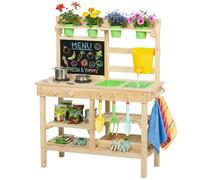 AIYAPLAY Cocina de Juguete Exterior, Cocinita Infantil de Madera con Macetas, Fregaderos, Grifo, Utensilios de Acero Inoxidable, Pizarra, Estantes, Ganchos, Juguetes para Niños 3-6 Años, Natural