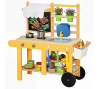 AIYAPLAY Cocina de Juguete Exterior con Ruedas, Cocinita Infantil de Madera con Agua Real, Fregadero, Estufas, Estantes, Macetas, Pizarra y 15 Accesorios, 84,2x34,4x90 cm, Amarillo