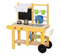 AIYAPLAY Cocina de Juguete Exterior con Ruedas, Cocinita Infantil de Madera con Agua Real, Fregadero, Estufas, Estantes, Macetas, Pizarra y 15 Accesorios, 84,2x34,4x90 cm, Amarillo