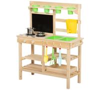 AIYAPLAY Cocina de Juguete Exterior de Madera con Macetas Fregaderos Grifo Utensilios de Acero Inoxidable Natural