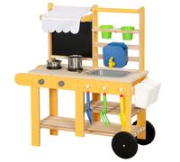 AIYAPLAY Cocina de Juguete Exterior de Madera con Ruedas Agua Real Macetas Pizarra y 15 Accesorios 84,2x34,4x90 cm Amarillo