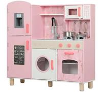 AIYAPLAY Cocina de Juguete para Niños +3 Años Cocina de Madera Infantil Cocinita Infantil con Sonido Fogón Horno Grifo Fregadero Microondas Lavadora Máquina de Hielo y Accesorios de Cocina Rosa