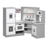 AIYAPLAY Cocina de Juguete para Niños +3 Años Cocina de Madera Infantil Esquina con Sonido Fogón Horno Grifo Fregadero Microondas Lavadora Máquina de Hielo y Accesorios de Cocina Gris