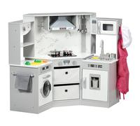 AIYAPLAY - Cocina infantil de madera, juguete de imitación de esquina para niños, con efecto de sonido, 17 accesorios, verduras de plástico, botones y luces, toque, delantal, paño, 3-6 años, gris