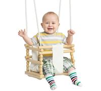 AIYAPLAY Columpio para niños 9-36 meses de madera y algodón para interiores y exteriores con cuerda ajustable y cojín extraíble, 30 x 30 x 110-180 cm, color madera y blanco