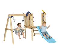 AIYAPLAY Columpio y Tobogán Infantil Exterior, Parque Infantil Exterior de Madera con Columpio, Tobogán, Volante, Telescopio, para Niños de 18-48 Meses, para Patio, Césped, Natural