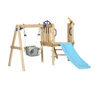 Aiyaplay columpio y tobogán infantil exterior, parque infantil exterior de madera con columpio, tobogán, volante, telescopio, para niños de 18-48 meses, para patio, césped, natural