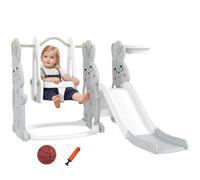 AIYAPLAY Columpio y Tobogán Trepador Aro de Baloncesto 4 en 1 Gris y Blanco | Tobogán Infantil, Temática de Conejo, Parque Infantil, para Interior