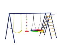 AIYAPLAY Columpios para Niños de +3 Años 6 en 1 Columpios Jardín Exterior con Columpio Nido Cuerda con Disco Red para Escalar Escalera y Aro de Baloncesto Multicolor