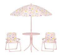 AIYAPLAY Conjunto de Mesa y Sillas Infantil de Jardín de 4 Piezas Mesa Infantil con Sillas Plegables Sombrilla Ajustable Diseño de Arcoíris para Patio Pícnic Rosa