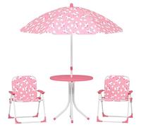 AIYAPLAY Conjunto de Mesa y Sillas Infantil de Jardín de 4 Piezas, Mesa Infantil con Sillas Plegables, Sombrilla Desmontable, Diseño de Unicornios y Arcoíris, para Patio, Pícnic, Rosa