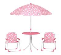 AIYAPLAY Conjunto de Mesa y Sillas Infantil de Jardín de 4 Piezas, Mesa Infantil con Sillas Plegables, Sombrilla Desmontable, Diseño de Unicornios y Arcoíris, para Patio, Pícnic, Rosa
