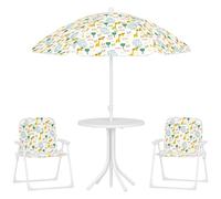 AIYAPLAY Conjunto de Mesa y Sillas Infantil de Jardín de 4 Piezas, Mesa Infantil con Sillas Plegables, Sombrilla Ajustable, Diseño de Elefantes y Jirafas, para Patio, Pícnic, Blanco