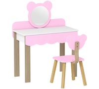 AIYAPLAY Conjunto de Tocador con Taburete para Niños, Espejo de Maquillaje en Forma de Oso, Cajón, MDF, Rosa