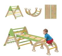 AIYAPLAY Escalador Montessori 8 en 1 triángulo 1.5-4 años Verde | Madera interior, arco de escalada, tobogán doble cara, parque interior, para niños pequeños