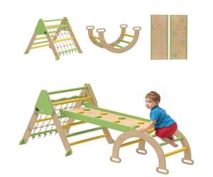 AIYAPLAY Escalador Montessori 8 en 1 triángulo 1.5-4 años Verde | Madera interior, arco de escalada, tobogán doble cara, parque interior, para niños pequeños