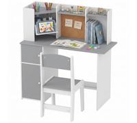 AIYAPLAY Escritorio Infantil con Silla Soporte Ajustable para Tablet Gris | Pupitre Infantil, con Portalápices, Tablero de Corcho, Estantes, Armarios, para Niños de 5-12 Años, para Dormitorio, Estudio